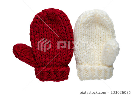 Pair of cozy, hand-knitted wool mittens isolated on transparent background. Concept for winter warmth, cold weather, handmade comfort 133026085