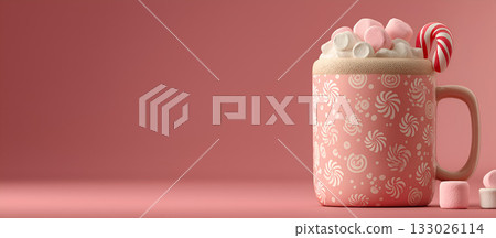 Indulge in a delightful Festive Hot Chocolate topped with Marshmallows and a Candy Cane 133026114