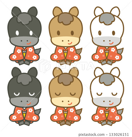 可愛的馬匹姿勢問候套裝（和服） 133026151