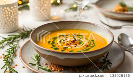 homemade pumpkin soup served with garnishes, cozy autumn scene featuring pumpkin soup and festive homemade pumpkin soup served with garnishes, cozy autumn scene featuring pumpkin soup and festive 133026186