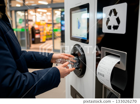 Recycling machine in supermarket with person returning plastic bottle 133026270