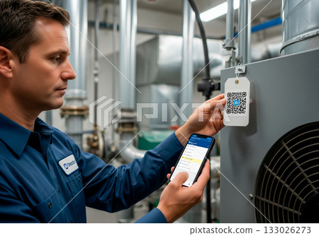 Young caucasian male technician scanning qr code on industrial equipment with mobile device Young caucasian male technician scanning qr code on industrial equipment with mobile device 133026273