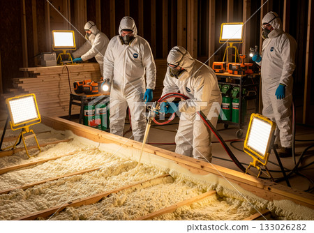 Construction workers in protective gear applying spray foam insulation indoors Construction workers in protective gear applying spray foam insulation indoors 133026282