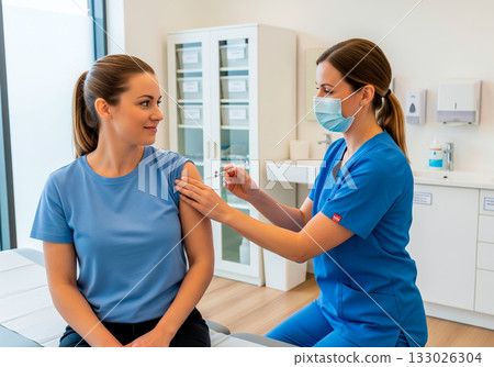 Female nurse administering vaccine to young caucasian female in medical clinic 133026304