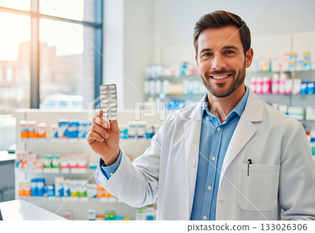 Smiling caucasian male pharmacist holding medication in modern pharmacy environment 133026306