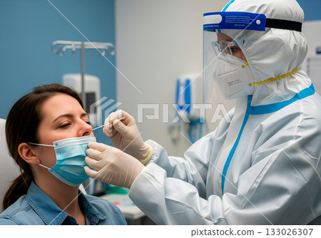 Healthcare worker performing nasal swab covid-19 test on female patient in protective gear Healthcare worker performing nasal swab covid-19 test on female patient in protective gear 133026307