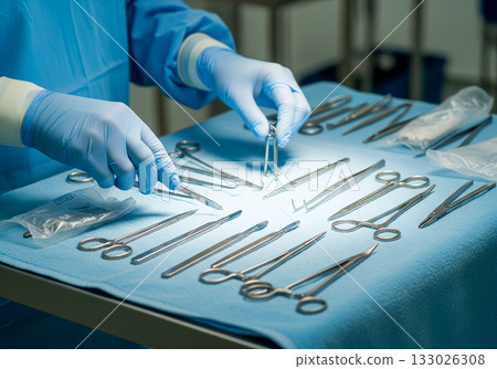 Surgical instruments on sterile blue cloth in operating room 133026308