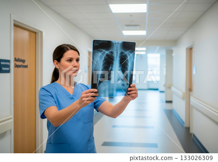 Female caucasian young nurse evaluating chest x-ray in hospital corridor 133026309
