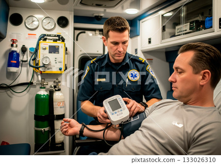 Male paramedic assisting adult caucasian male in ambulance interior setting 133026310