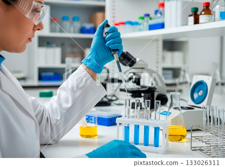 Female scientist conducting laboratory experiment with test tubes and microscopes 133026311