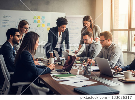 Diverse group of professionals collaborating in modern office meeting 133026317