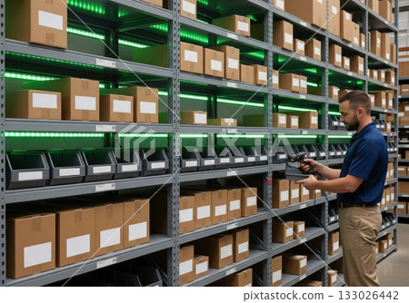 In a distribution center, a warehouse worker uses a barcode scanner to check inventory stored in labeled boxes on well-lit shelving, ensuring efficient logistics In a distribution center, a warehouse worker uses a barcode scanner to check inventory stored in labeled boxes on well-lit shelving, ensuring efficient logistics 133026442