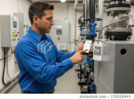 An engineer scans a QR code on industrial equipment with a smartphone to access maintenance information 133026443