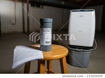 A radon test kit and instructions are placed on a stool in a basement to detect the presence of dangerous radon gas for home safety A radon test kit and instructions are placed on a stool in a basement to detect the presence of dangerous radon gas for home safety 133026450