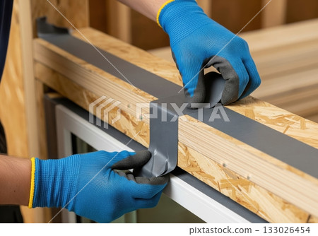 A construction worker is shown applying sealing tape to a window frame, ensuring a weather-tight barrier and enhancing energy efficiency within the building envelope A construction worker is shown applying sealing tape to a window frame, ensuring a weather-tight barrier and enhancing energy efficiency within the building envelope 133026454
