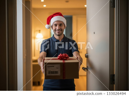 A courier wearing a Santa hat delivers a Christmas gift with a red bow to the front door during the holidays. It's a cheerful representation of seasonal delivery and service 133026494