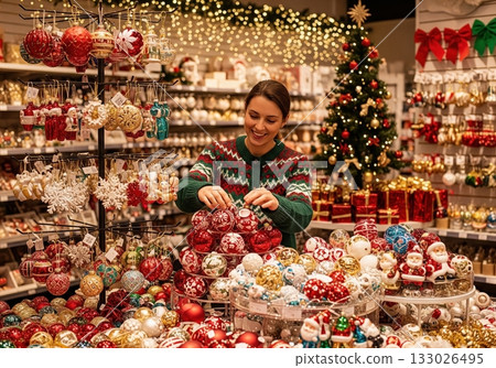 A festive Christmas atmosphere at the shop with a woman surrounded by ornaments and gifts, all contributing to the holiday spirit 133026495