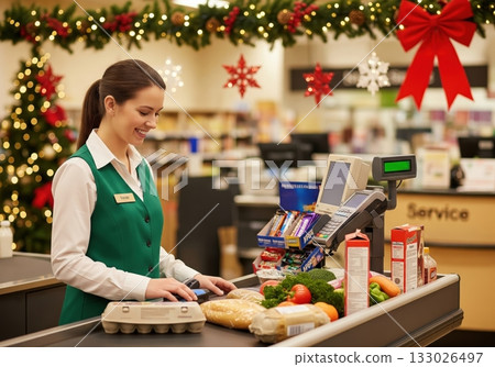 A supermarket cashier happily scans groceries for a customer during the holiday season, with Christmas decorations adding to the festive atmosphere 133026497
