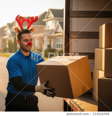 A cheerful delivery man, dressed as a reindeer, carries a large package from his truck, highlighting the festive season and reliable delivery service 133026498