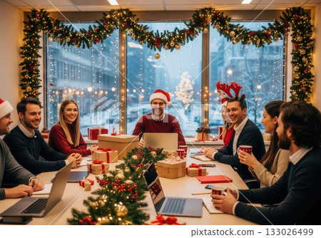 A joyful office Christmas party, complete with Santa hats and wrapped gifts, fosters team spirit, festive cheer, and holiday celebration among colleagues 133026499
