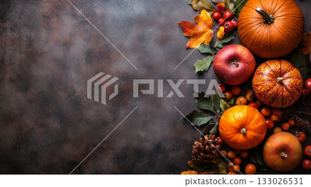 Colorful autumn harvest scene with pumpkins, apples, and fall leaves arranged on a rustic dark background, perfect for seasonal designs. Copy space available 133026531