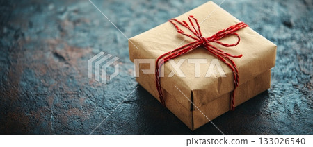 A brown craft paper gift box tied with red string on a textured blue background, perfect for holidays or special occasions 133026540