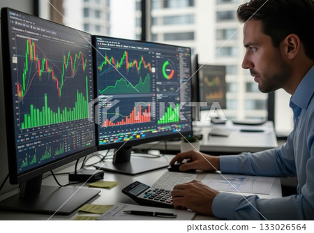 A focused businessman analyzes financial data on multiple monitors while using a calculator, working diligently on investments and market trends 133026564
