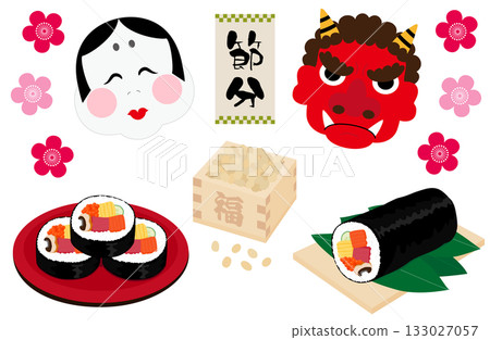 節分惡魔和龜甲、豆子、江方捲和壽司卷 節分惡魔和龜甲、豆子、江方捲和壽司卷 133027057