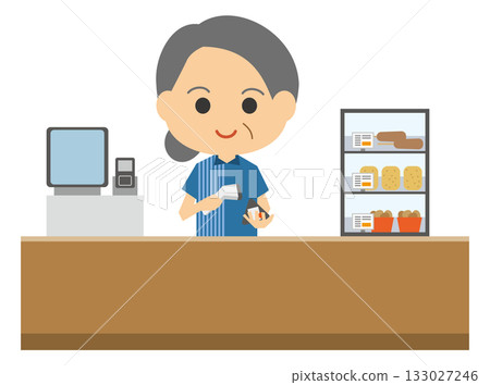 Illustration of a senior female store clerk serving customers at the cash register 133027246