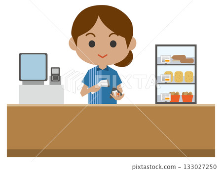 Illustration of a foreign female store clerk serving customers at the cash register Illustration of a foreign female store clerk serving customers at the cash register 133027250