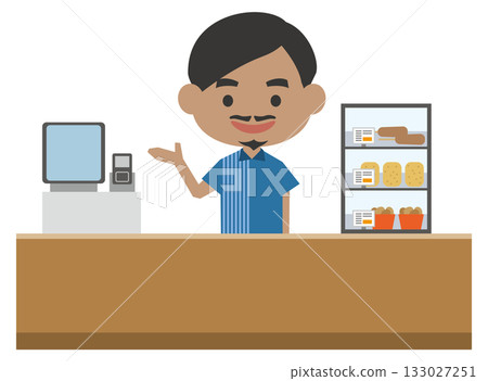 Illustration of a foreign male store clerk serving customers at the cash register Illustration of a foreign male store clerk serving customers at the cash register 133027251