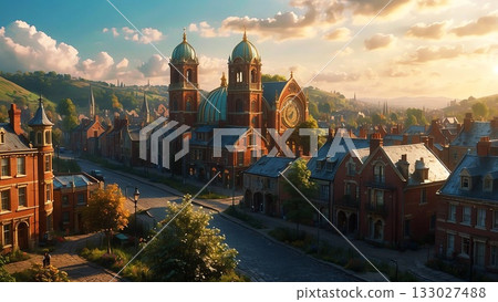 遊戲背景：黎明時分歐洲城市的鳥瞰圖 133027488