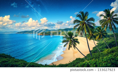 The image shows a picturesque tropical beach with palm trees, a sandy shore, turquoise water and green hills in the background 133027923