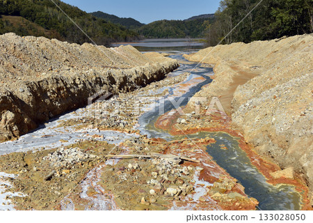 Toxic mine water discharge, acid mine drainage contaminates the environment Toxic mine water discharge, acid mine drainage contaminates the environment 133028050