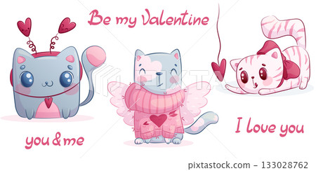 A set of cute cats on a white background. The concept of lovers, Valentine's day. Isolated cartoon children's vector illustration for the design of postcards, postcards for printing, textiles, sticker 133028762