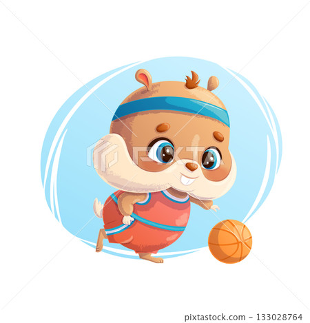 Cute hamster with a basketball on a blue background. The concept of sports games and health. Cartoon children's vector illustration for the design of postcards, banners, textiles, stickers 133028764