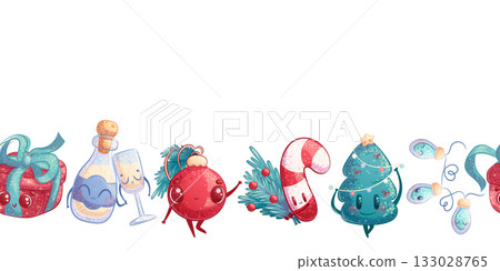 Seamless border with festive elements. The concept of Christmas, New Year. Gift box, Christmas tree, lollipop, garland, champagne. cute characters. Vector illustration for postcards, posters, banners Seamless border with festive elements. The concept of Christmas, New Year. Gift box, Christmas tree, lollipop, garland, champagne. cute characters. Vector illustration for postcards, posters, banners 133028765