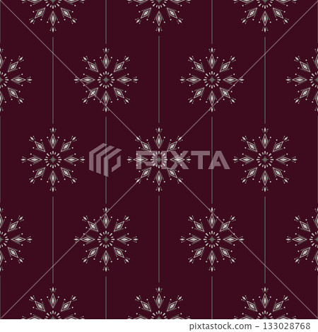 Snowflakes on a burgundy background, Festive elegant Christmas seamless pattern. Vector background for wrapping paper, cards, wallpaper. Snowflakes on a burgundy background, Festive elegant Christmas seamless pattern. Vector background for wrapping paper, cards, wallpaper. 133028768