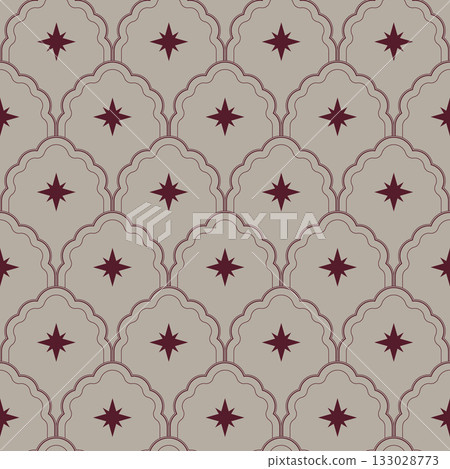 Art deco scallop Vector Seamless Pattern. Elegant geometric vintage print with stars in beige and red colors 133028773