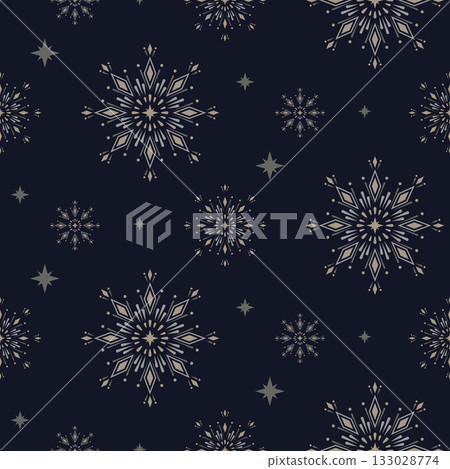 Snowflakes on a dark blue background, Festive elegant Christmas seamless pattern. Vector background for wrapping paper, cards, congratulations. 133028774
