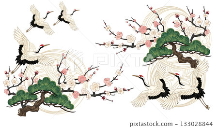 Flying Cranes and Pine Trees Japanese Pattern Background | New Year's Cards and New Year's Materials Flying Cranes and Pine Trees Japanese Pattern Background | New Year's Cards and New Year's Materials 133028844