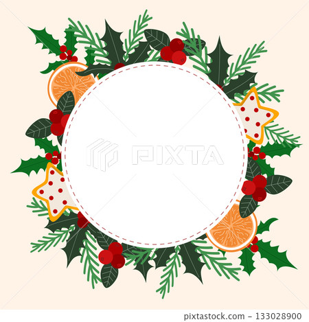 Round wreath with berries, leaves and holly 133028900