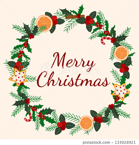 Merry Christmas round wreath with berries, leaves, holly 133028921