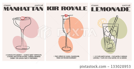 Manhattan, Kir Royale, and Lemonade cocktails with ingredients. Summer aperitif drinks and classic recipes with modern garnish. Minimal retro poster set for kitchen wall art or bar decor. Vector. 133028953