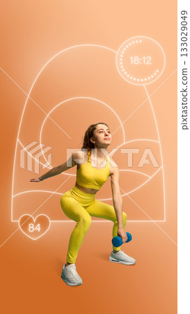 Graphic composition. Confident woman exercising with smart AI fitness interface on orange background. 133029049