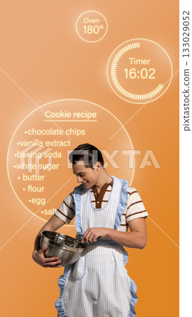 Creative collage. Joyful man baking cookies with digital recipe interface on orange background 133029052