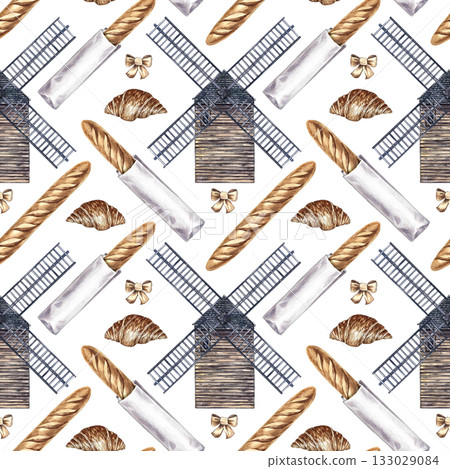 Seamless pattern with French pastries. French baguette and croissant, windmill. Hand-drawn watercolor illustration. Elements of French cuisine. For menus, labels and packaging, textiles and decor. 133029084