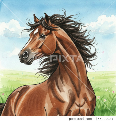 水彩插畫，特寫描繪了一匹棕色駿馬的臉龐，美麗的鬃毛在風中飄揚，背景是廣闊的草原。 2026新年賀卡素材，馬年。 133029085
