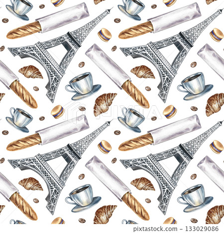 Seamless pattern with French pastries. Hand-drawn watercolor illustration. French baguette, almond biscuit, croissant, Eiffel Tower. For cafe design and decor, menu, packaging paper, textile Seamless pattern with French pastries. Hand-drawn watercolor illustration. French baguette, almond biscuit, croissant, Eiffel Tower. For cafe design and decor, menu, packaging paper, textile 133029086