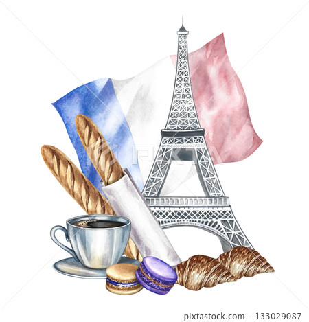 French pastries. Hand-drawn watercolor illustration. French baguette, macaroons, croissant, cup of coffee, and the Eiffel Tower against the backdrop of the French flag. For menus, labels, packaging. French pastries. Hand-drawn watercolor illustration. French baguette, macaroons, croissant, cup of coffee, and the Eiffel Tower against the backdrop of the French flag. For menus, labels, packaging. 133029087